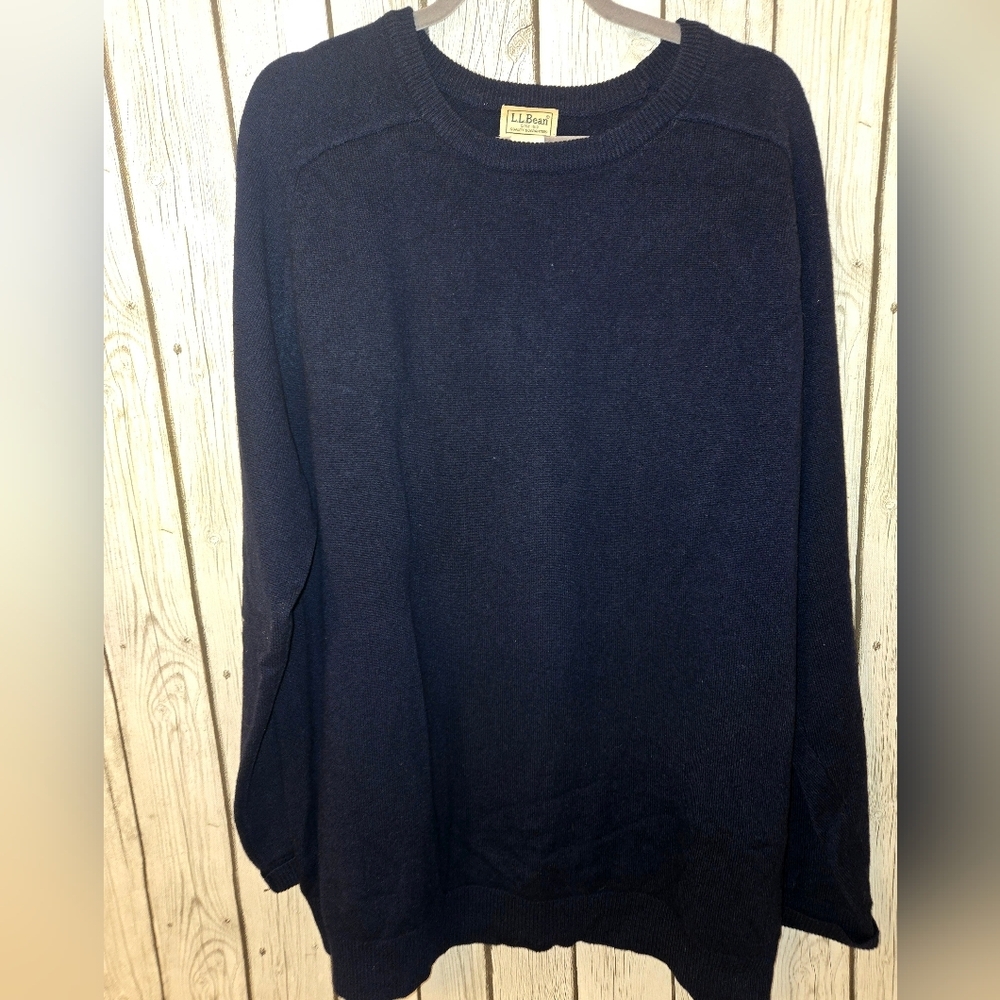 L.L.Bean Sweater Mens 2XL Tall Navy 100% Lambswool Crewneck Ribbed Knit Classic